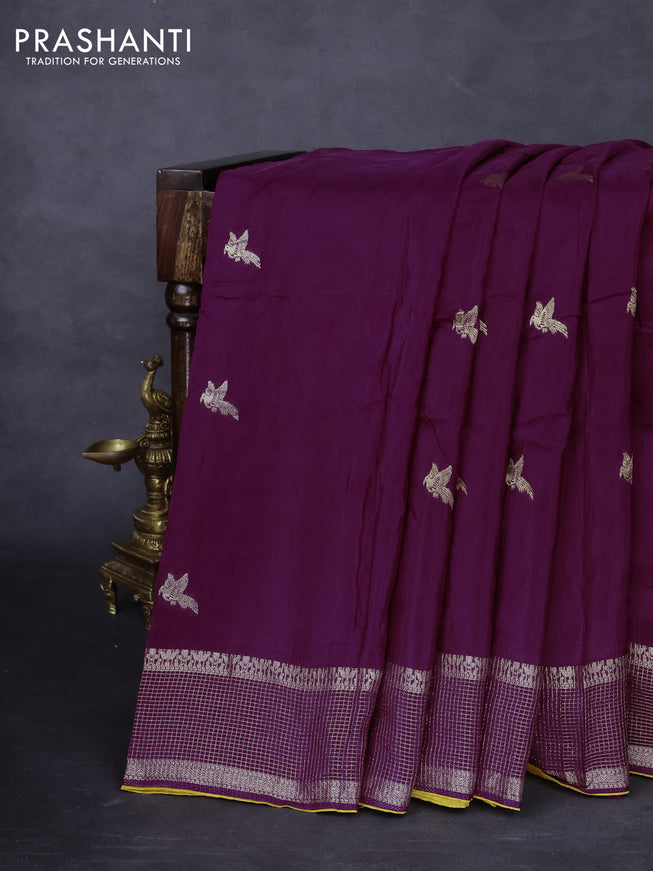 Banarasi silk saree wine shade and yellow with zari woven brids buttas and zari woven border