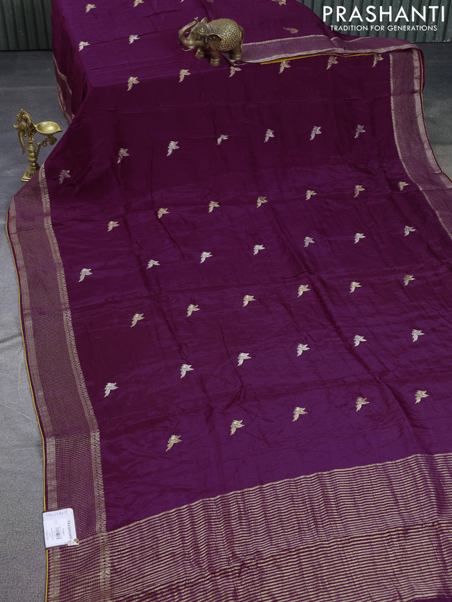 Banarasi silk saree wine shade and yellow with zari woven brids buttas and zari woven border