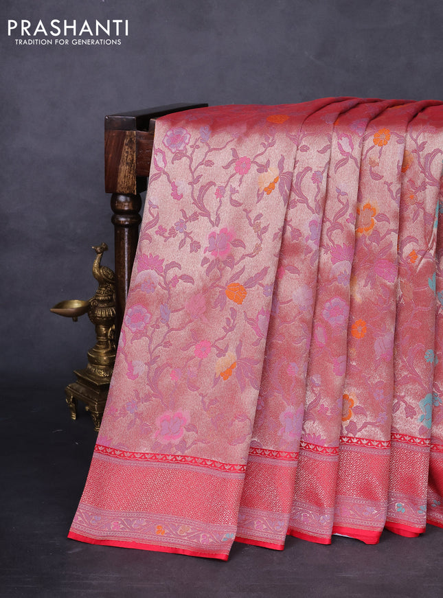 Banarasi tissue silk saree red with allover thread woven floral weaves and silver zari woven border