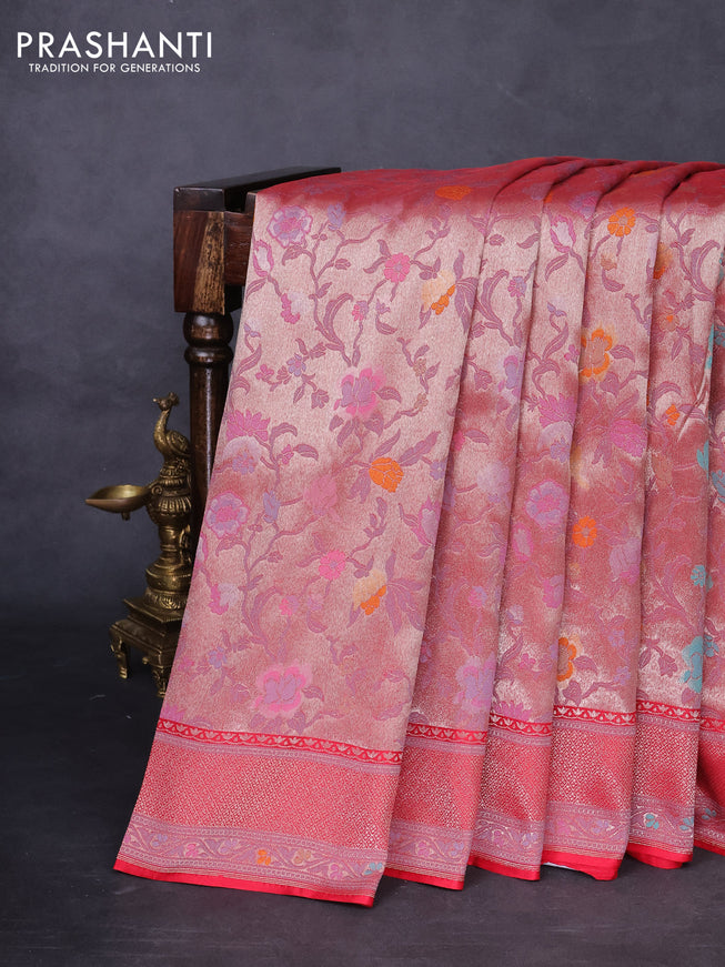 Banarasi tissue silk saree red with allover thread woven floral weaves and silver zari woven border