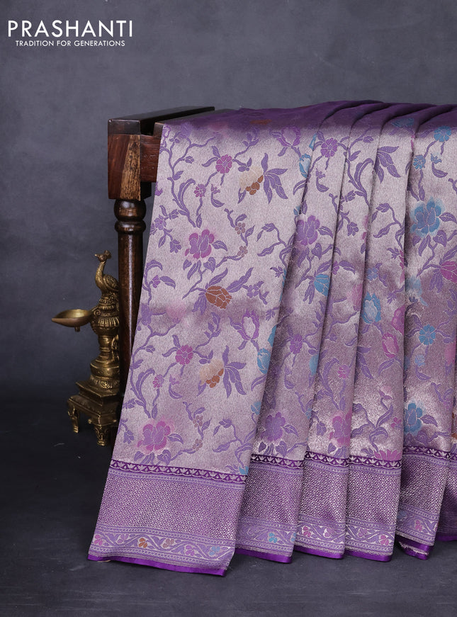 Banarasi tissue silk saree violet with allover thread woven floral weaves and silver zari woven border