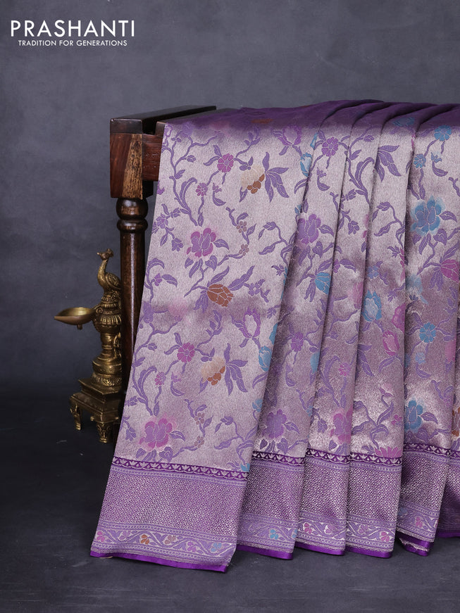 Banarasi tissue silk saree violet with allover thread woven floral weaves and silver zari woven border