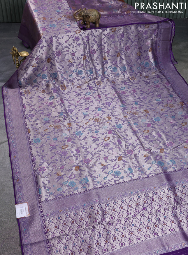 Banarasi tissue silk saree violet with allover thread woven floral weaves and silver zari woven border