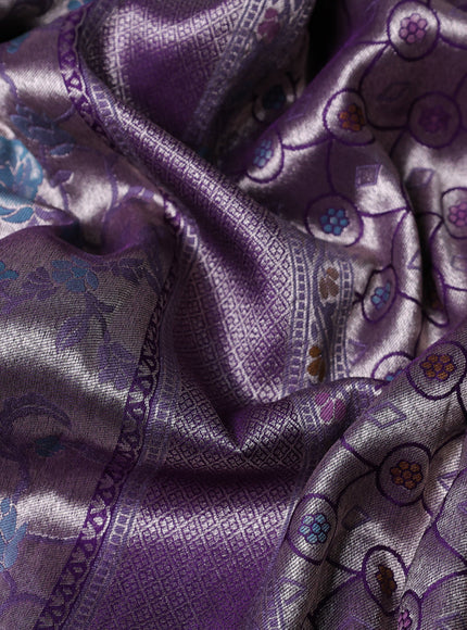 Banarasi tissue silk saree violet with allover thread woven floral weaves and silver zari woven border