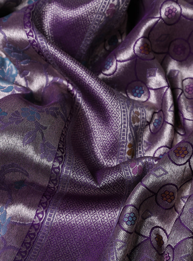 Banarasi tissue silk saree violet with allover thread woven floral weaves and silver zari woven border