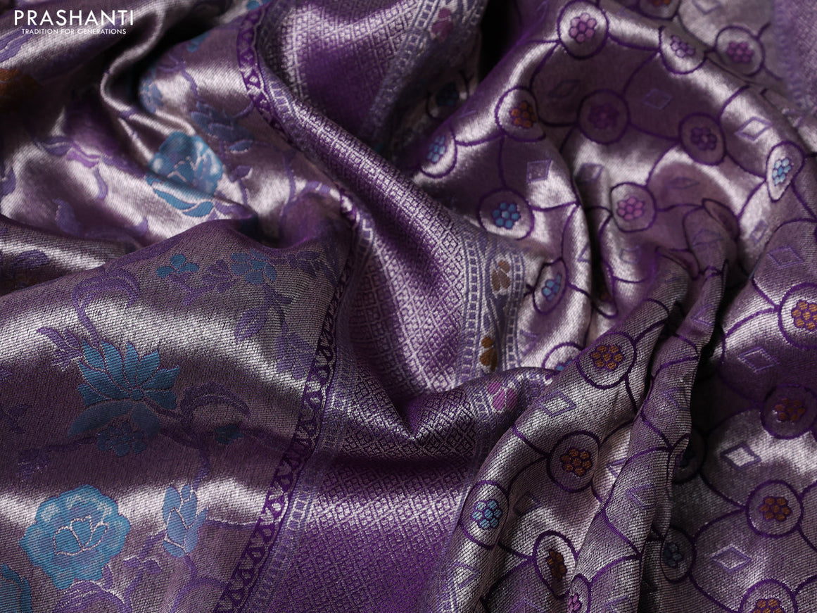 Banarasi tissue silk saree violet with allover thread woven floral weaves and silver zari woven border