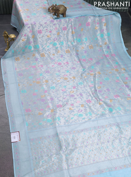 Banarasi tissue silk saree pastel blue with allover thread woven floral weaves and silver zari woven border