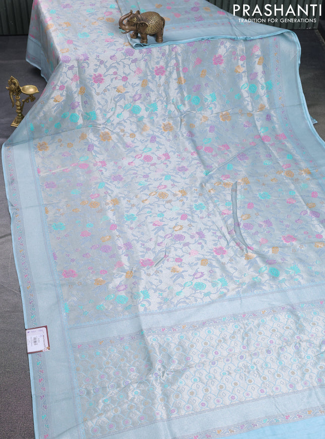 Banarasi tissue silk saree pastel blue with allover thread woven floral weaves and silver zari woven border