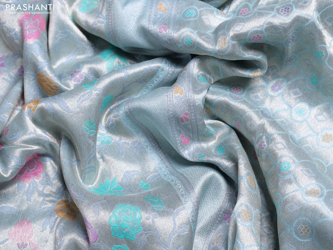 Banarasi tissue silk saree pastel blue with allover thread woven floral weaves and silver zari woven border