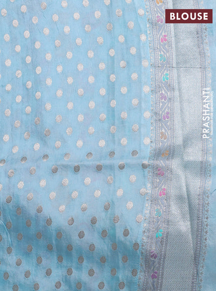 Banarasi tissue silk saree pastel blue with allover thread woven floral weaves and silver zari woven border