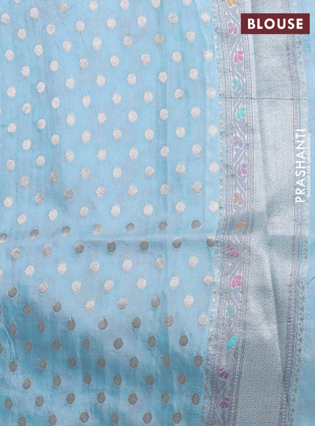 Banarasi tissue silk saree pastel blue with allover thread woven floral weaves and silver zari woven border