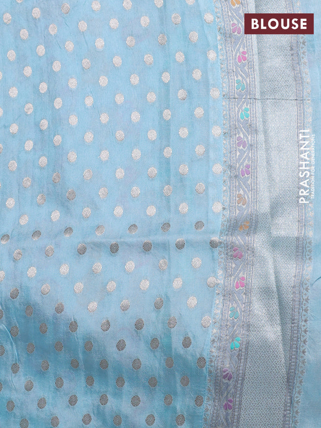 Banarasi tissue silk saree pastel blue with allover thread woven floral weaves and silver zari woven border