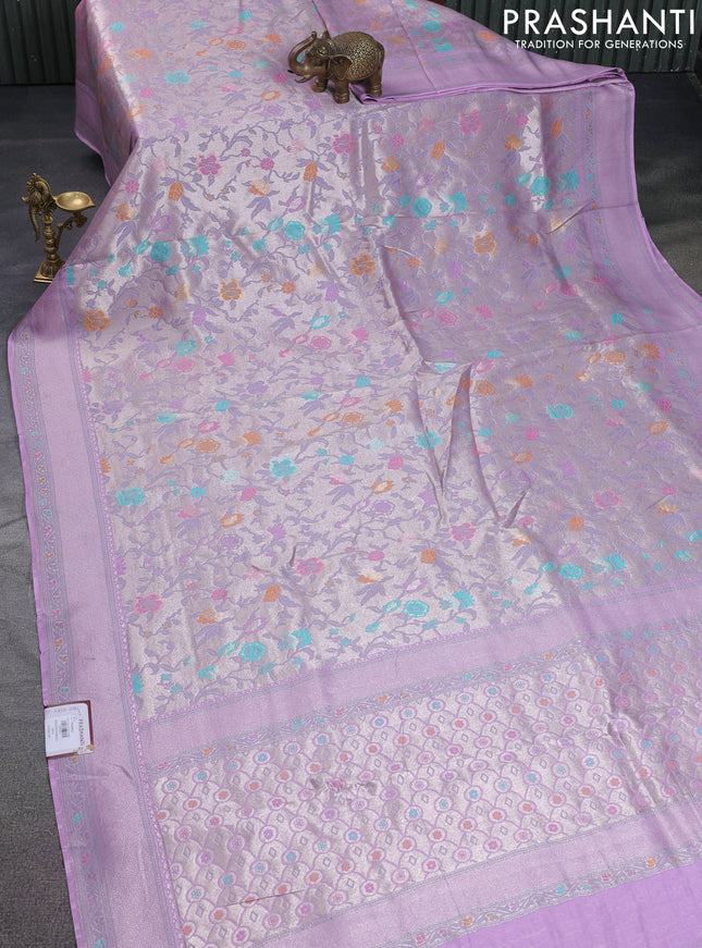 Banarasi tissue silk saree lavender with allover thread woven floral weaves and silver zari woven border