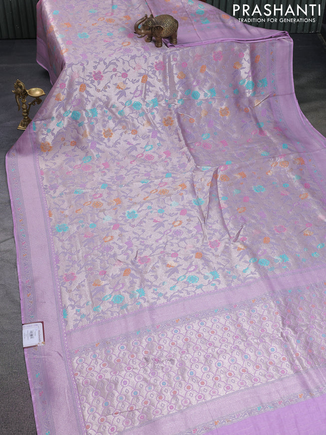 Banarasi tissue silk saree lavender with allover thread woven floral weaves and silver zari woven border