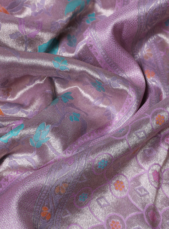 Banarasi tissue silk saree lavender with allover thread woven floral weaves and silver zari woven border