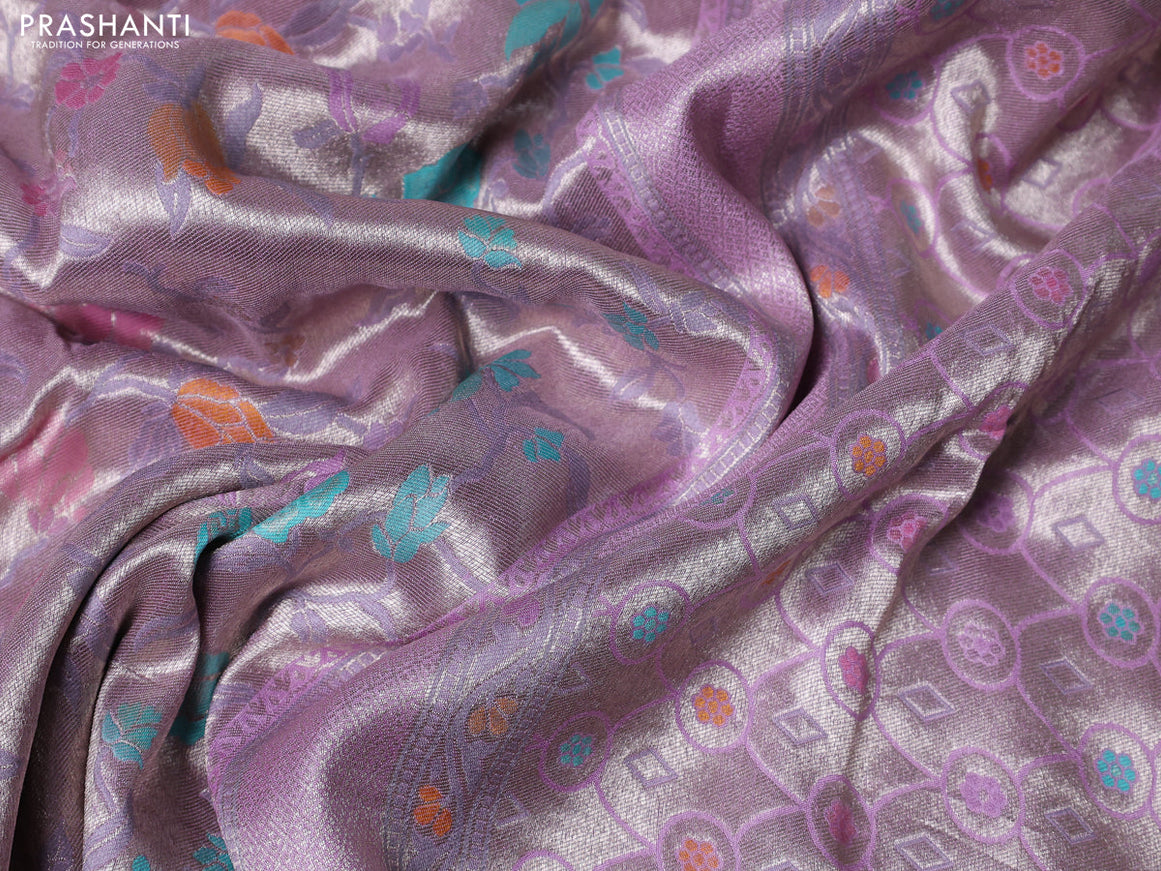 Banarasi tissue silk saree lavender with allover thread woven floral weaves and silver zari woven border