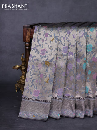 Banarasi tissue silk saree black with allover thread woven floral weaves and silver zari woven border