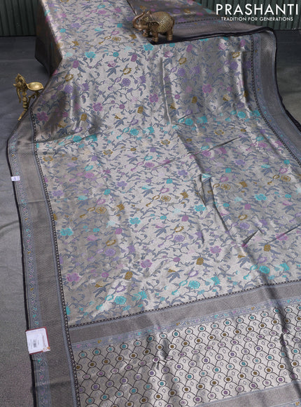 Banarasi tissue silk saree black with allover thread woven floral weaves and silver zari woven border