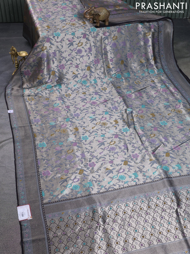 Banarasi tissue silk saree black with allover thread woven floral weaves and silver zari woven border