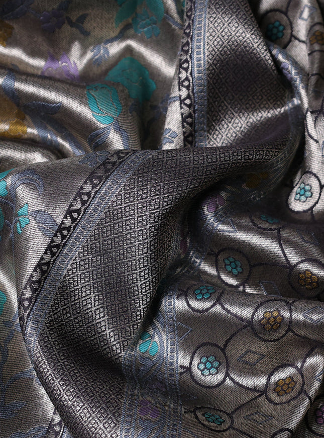 Banarasi tissue silk saree black with allover thread woven floral weaves and silver zari woven border