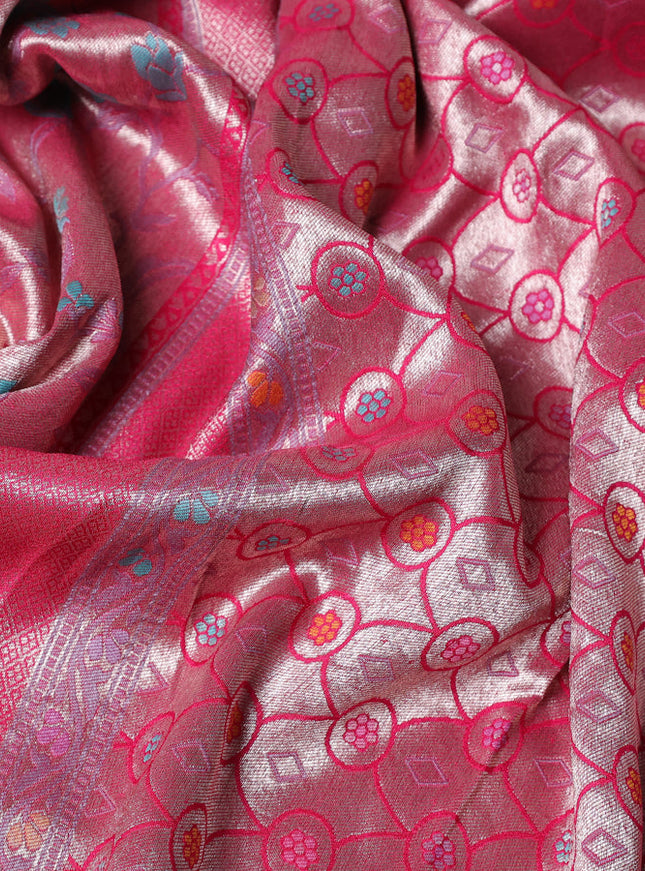 Banarasi tissue silk saree pink with allover thread woven floral weaves and silver zari woven border