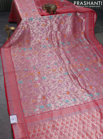Banarasi tissue silk saree red with allover thread woven floral weaves and silver zari woven border