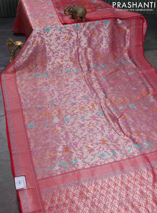 Banarasi tissue silk saree red with allover thread woven floral weaves and silver zari woven border