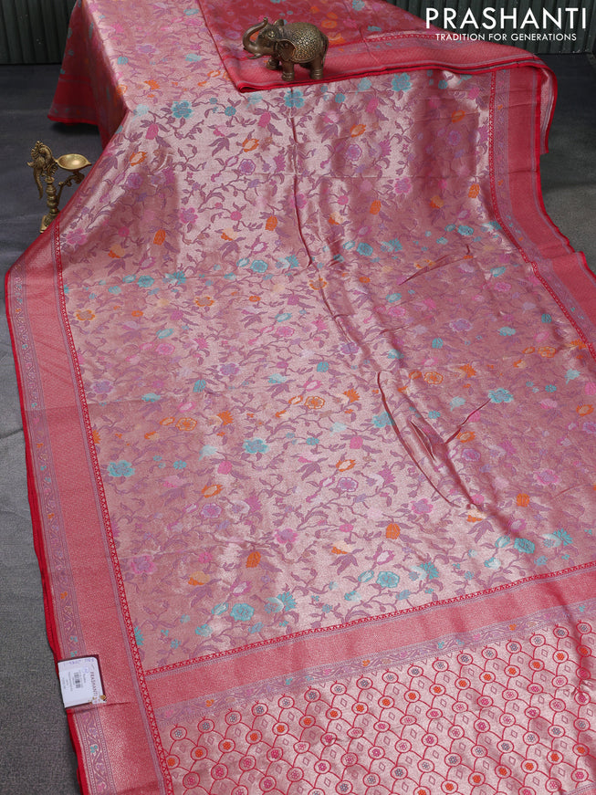 Banarasi tissue silk saree red with allover thread woven floral weaves and silver zari woven border