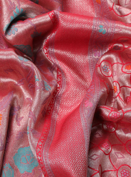 Banarasi tissue silk saree red with allover thread woven floral weaves and silver zari woven border