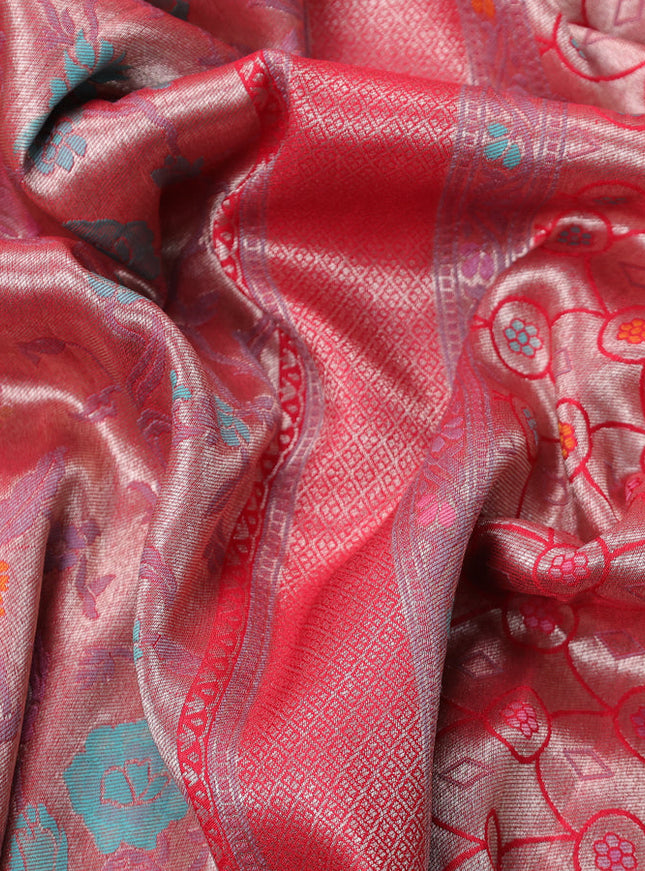 Banarasi tissue silk saree red with allover thread woven floral weaves and silver zari woven border