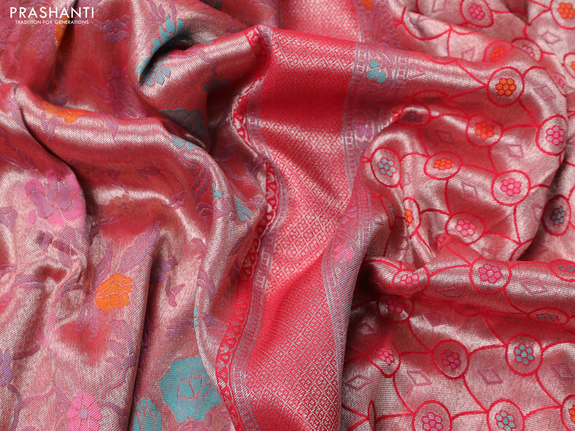 Banarasi tissue silk saree red with allover thread woven floral weaves and silver zari woven border