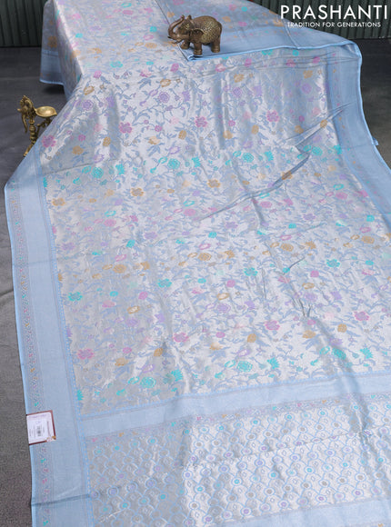 Banarasi tissue silk saree light blue with allover thread woven floral weaves and silver zari woven border