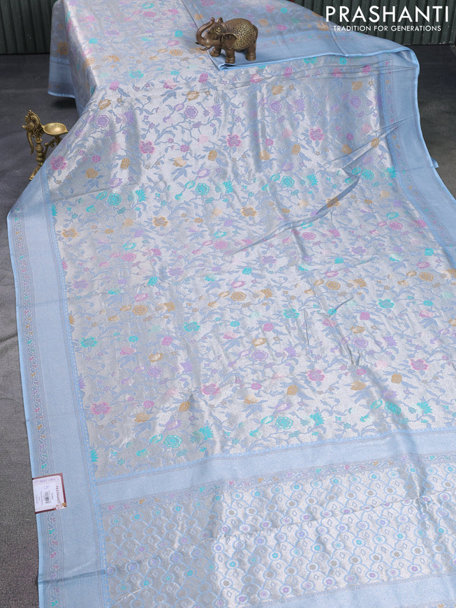Banarasi tissue silk saree light blue with allover thread woven floral weaves and silver zari woven border