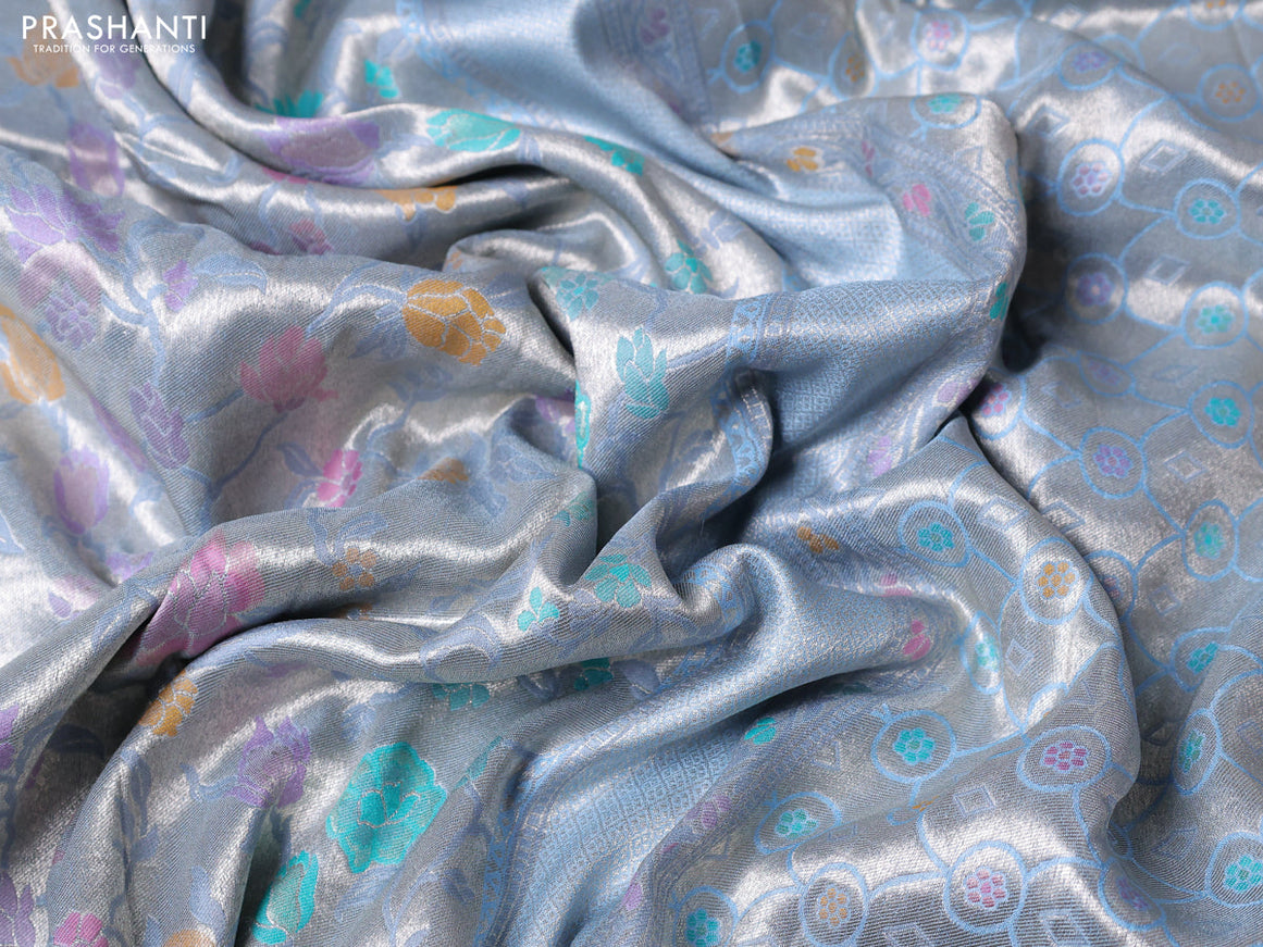 Banarasi tissue silk saree light blue with allover thread woven floral weaves and silver zari woven border