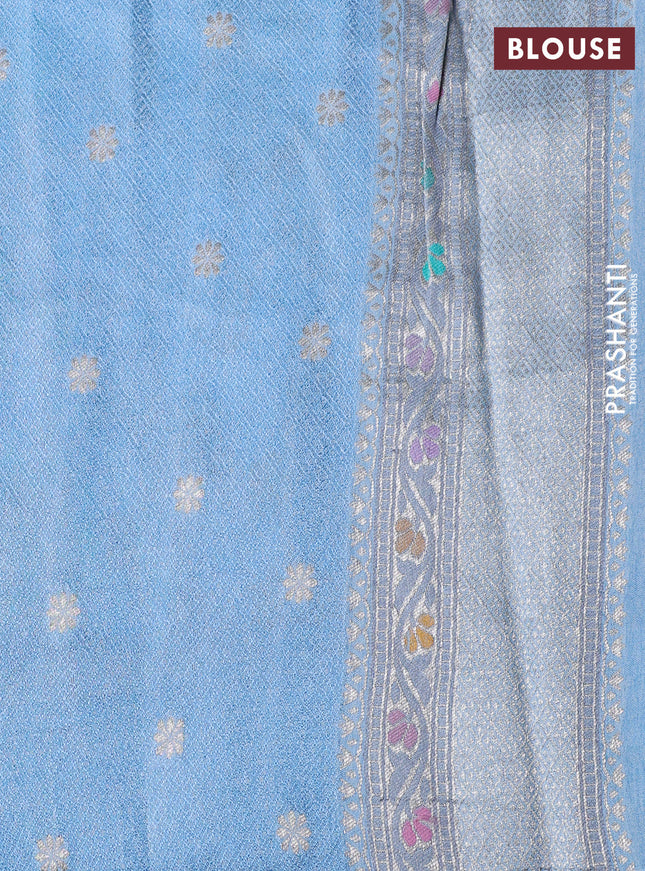 Banarasi tissue silk saree light blue with allover thread woven floral weaves and silver zari woven border
