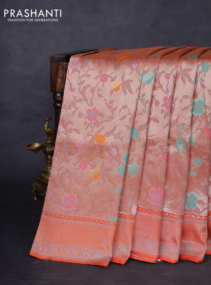 Banarasi tissue silk saree rustic orange with allover thread woven floral weaves and silver zari woven border