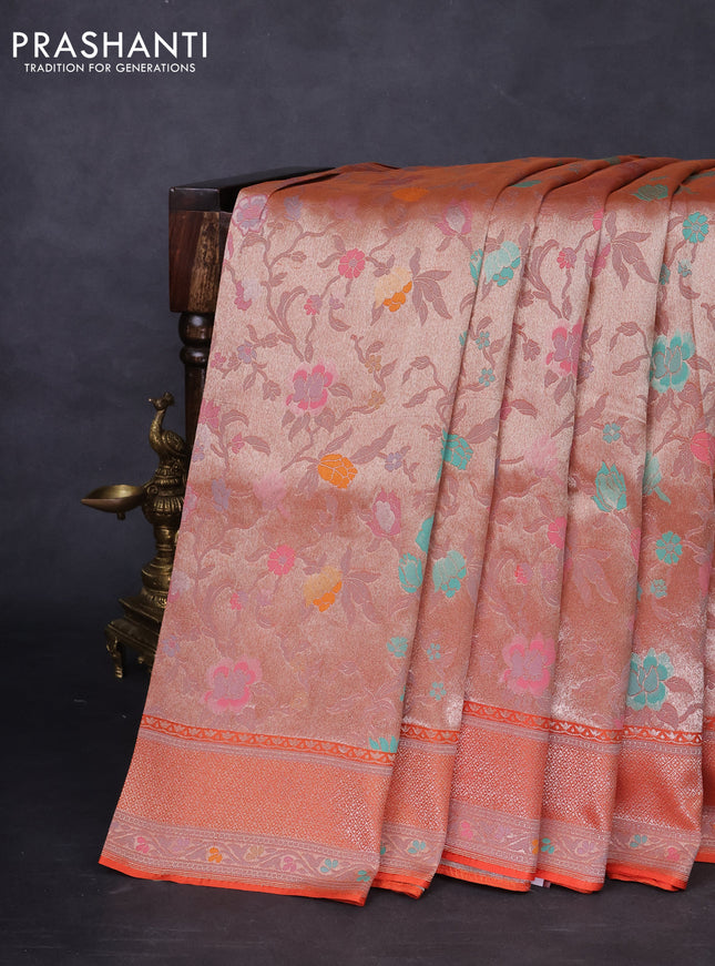 Banarasi tissue silk saree rustic orange with allover thread woven floral weaves and silver zari woven border