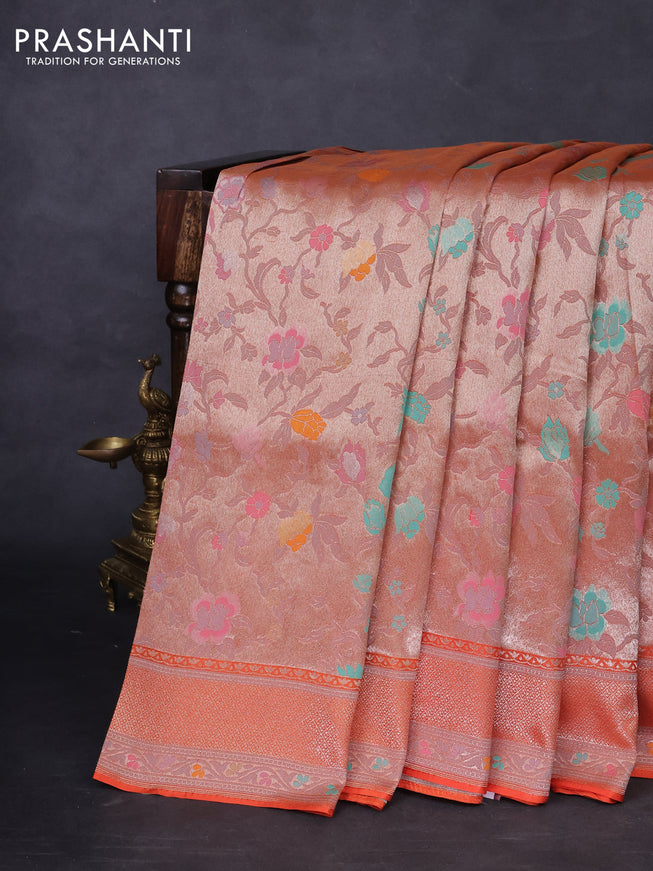 Banarasi tissue silk saree rustic orange with allover thread woven floral weaves and silver zari woven border