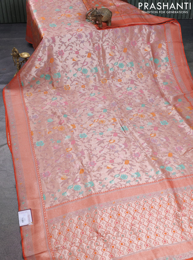 Banarasi tissue silk saree rustic orange with allover thread woven floral weaves and silver zari woven border