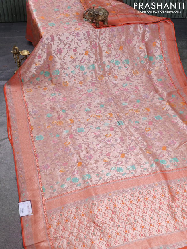 Banarasi tissue silk saree rustic orange with allover thread woven floral weaves and silver zari woven border