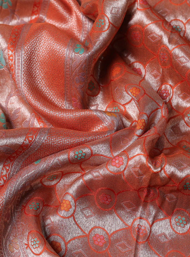 Banarasi tissue silk saree rustic orange with allover thread woven floral weaves and silver zari woven border