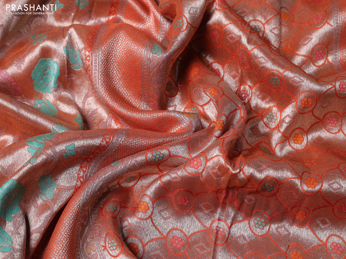 Banarasi tissue silk saree rustic orange with allover thread woven floral weaves and silver zari woven border