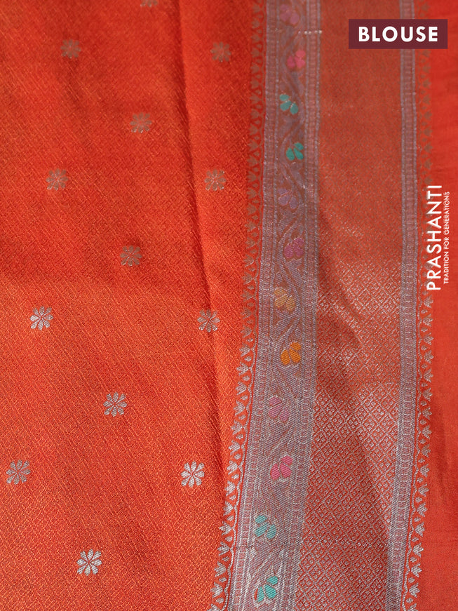 Banarasi tissue silk saree rustic orange with allover thread woven floral weaves and silver zari woven border