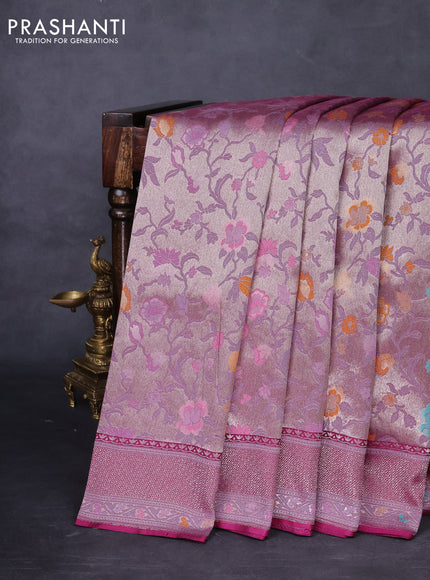 Banarasi tissue silk saree wine shade with allover thread woven floral weaves and silver zari woven border