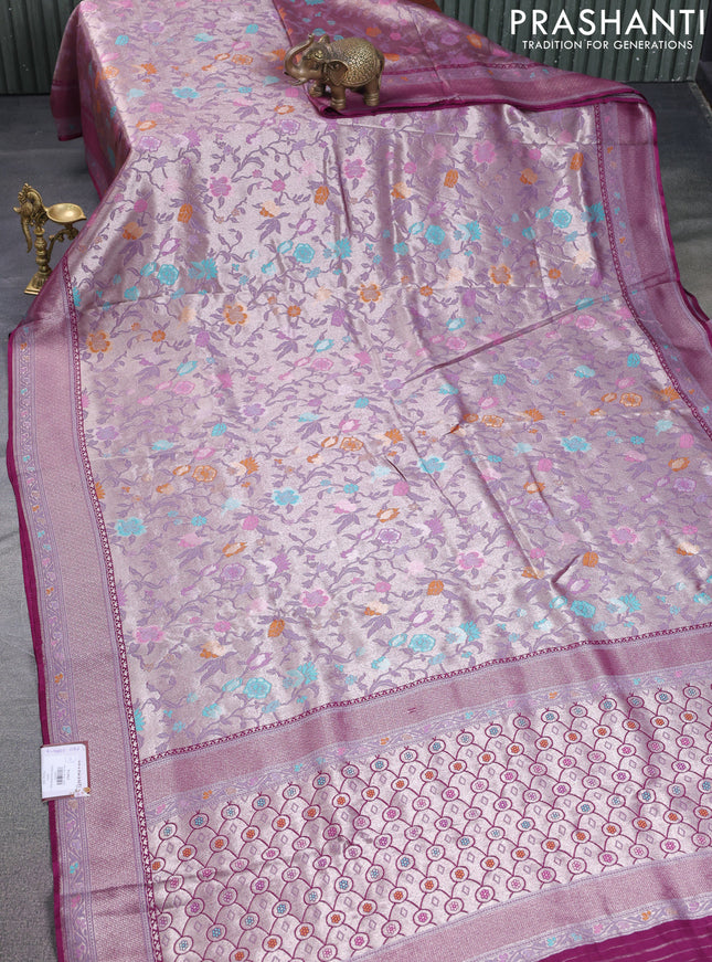 Banarasi tissue silk saree wine shade with allover thread woven floral weaves and silver zari woven border