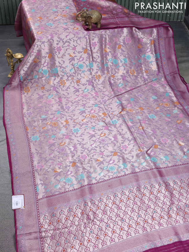 Banarasi tissue silk saree wine shade with allover thread woven floral weaves and silver zari woven border