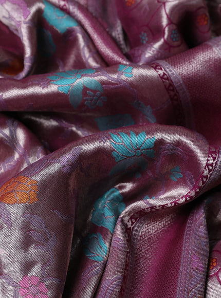 Banarasi tissue silk saree wine shade with allover thread woven floral weaves and silver zari woven border