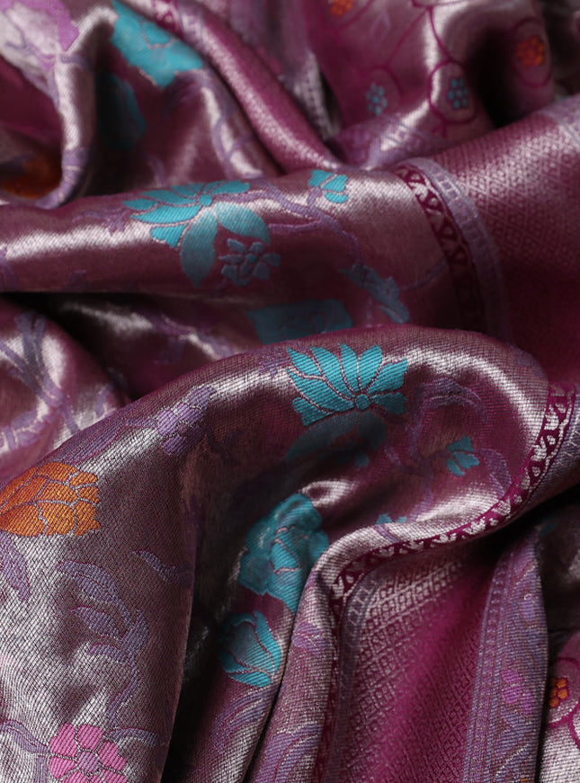 Banarasi tissue silk saree wine shade with allover thread woven floral weaves and silver zari woven border
