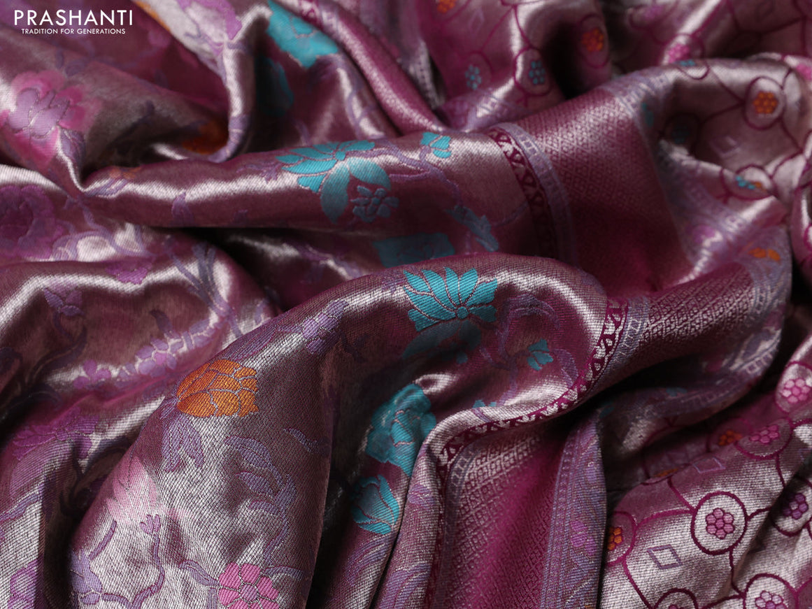 Banarasi tissue silk saree wine shade with allover thread woven floral weaves and silver zari woven border