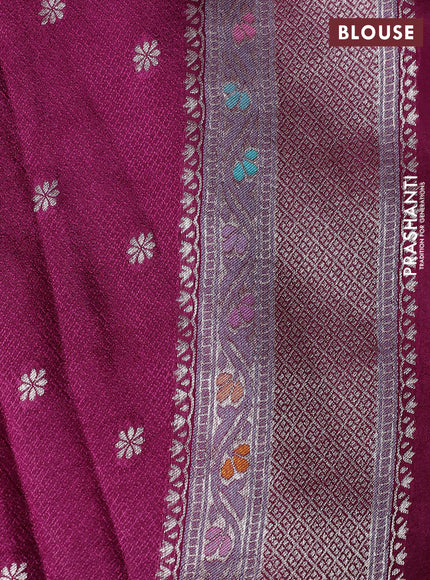 Banarasi tissue silk saree wine shade with allover thread woven floral weaves and silver zari woven border